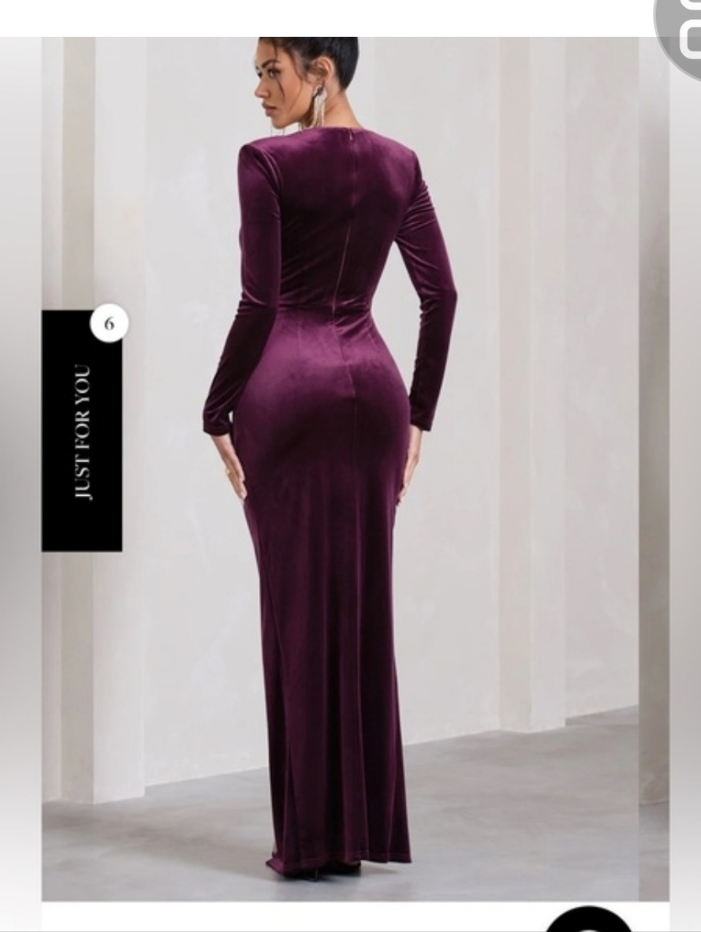 Club L London Deep Plum Velvet Long-Slit Evening Gown - Picture 2 of 4